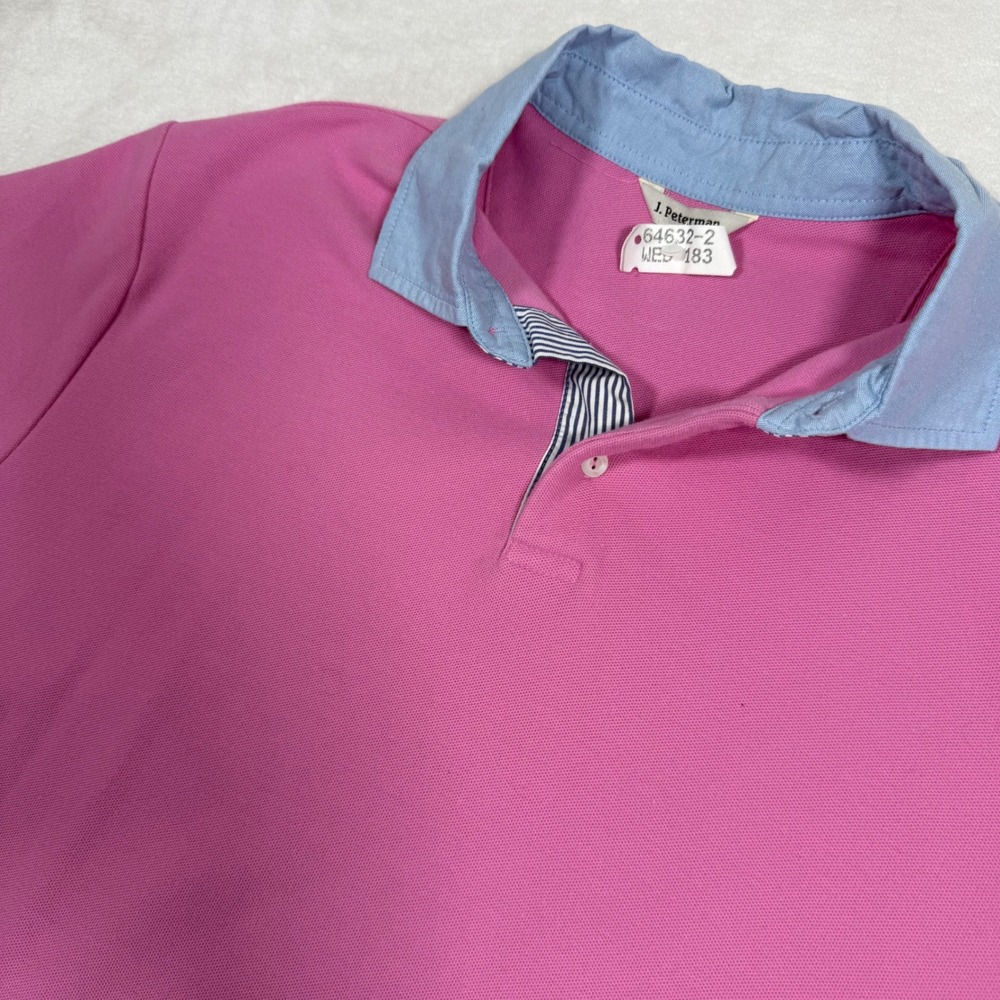 J. Peterman Mens Pink Cotton Pique Polo Shirt Blue‎ Collar Logo Size L 64632-2